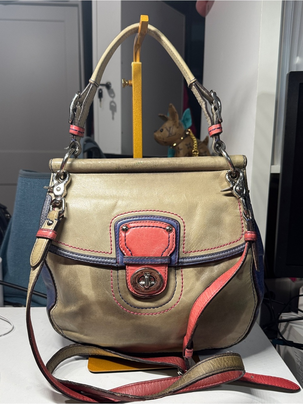 Coach Two-Tone Leather Shoulder Bag in Khaki, Coral Navy Legacy stripe Willis